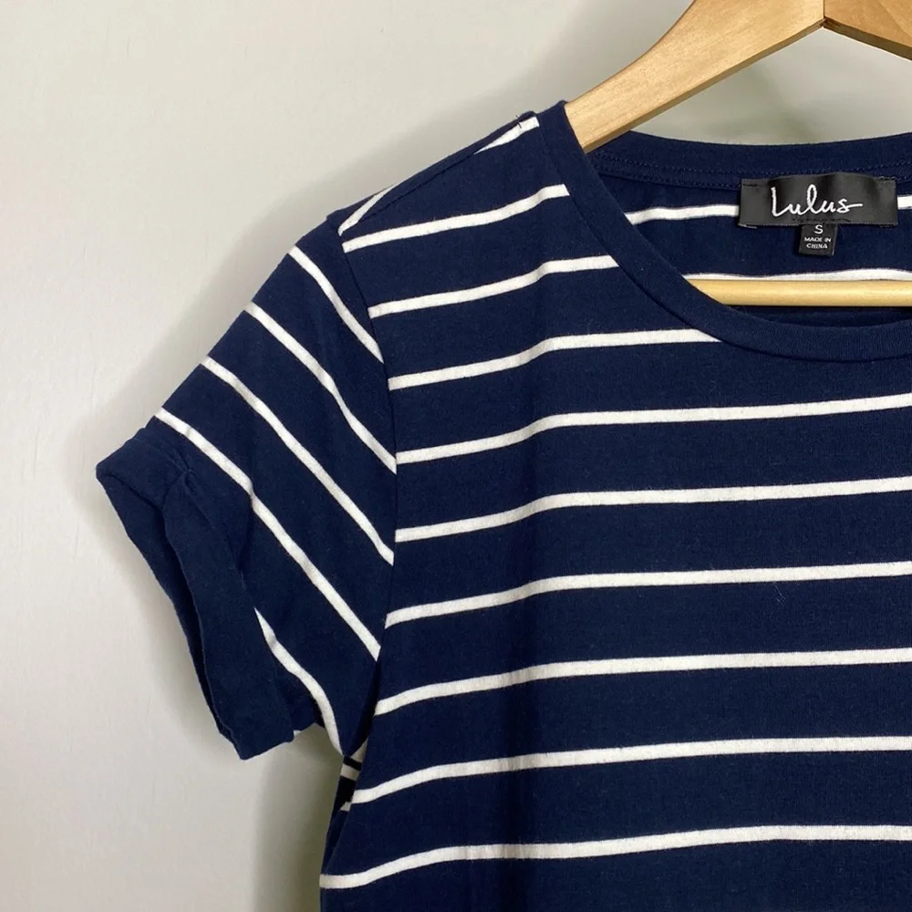 Lulu’s Cafe Society Navy Blue Striped Shirt Dress - Picture 5 of 10